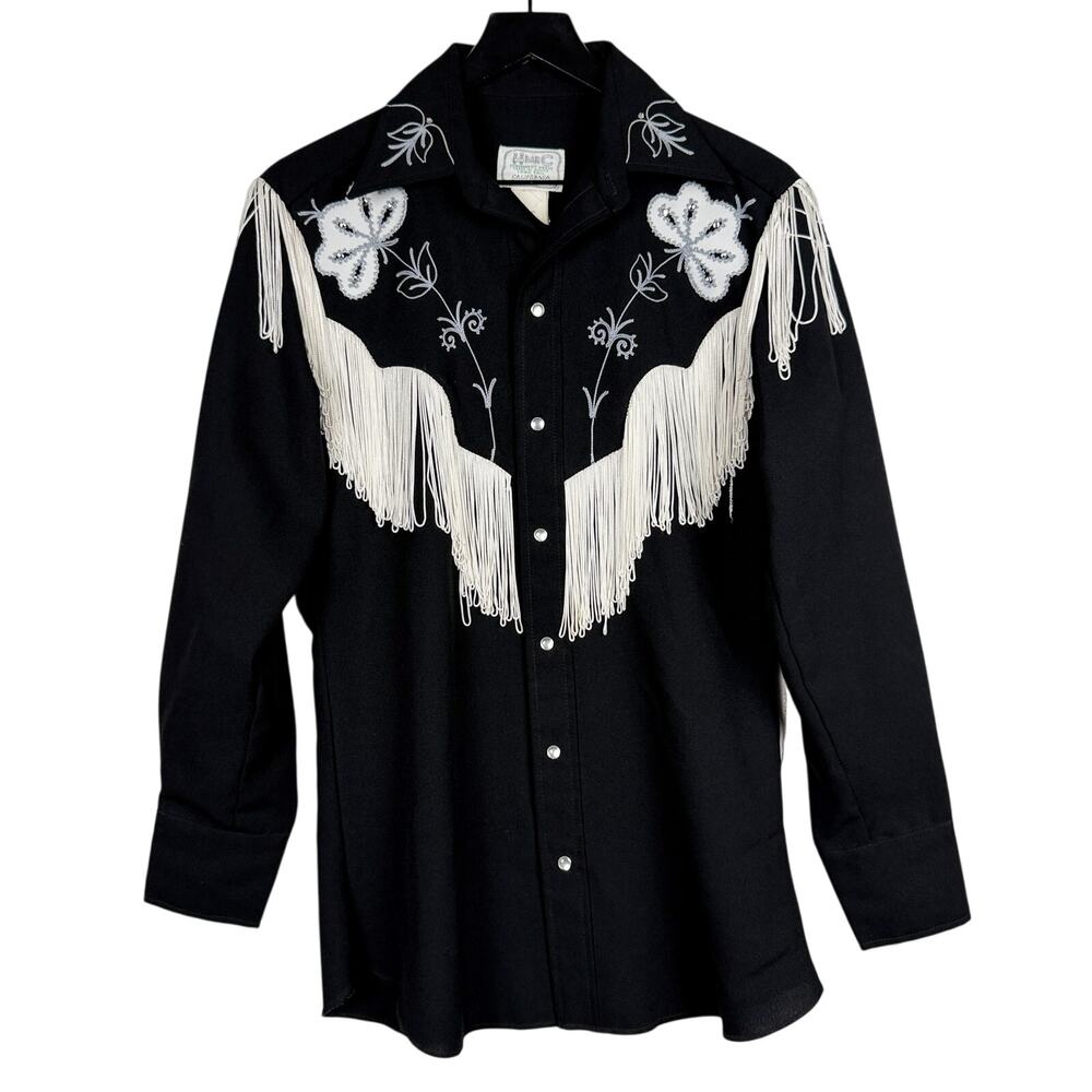 Vtg H Bar C Embroidered Pearl Snap Western Shirt Fringe Black - 14.5 XS